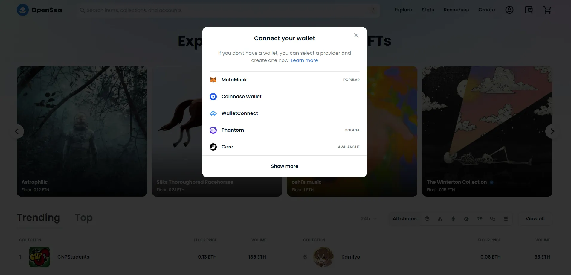 Opensea, connecter portefeuille, wallet, metamask