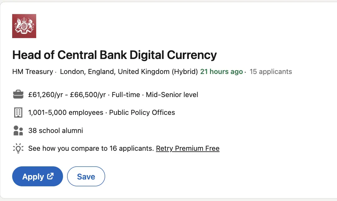 Une annonce d'emploi sur LinkedIn pour le recrutement d'un chef de la monnaie numérique de banque centrale anglaise