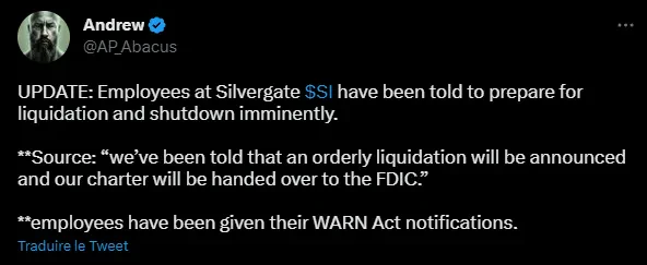 Liquidation imminente pour la banque Silvegate