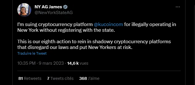 le tweet de la procureur générale sur kucoin