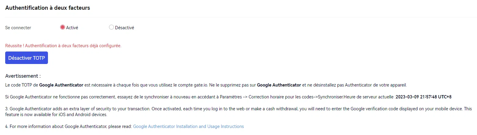 sécurité authentification 2fa deux facteurs compte gate.io