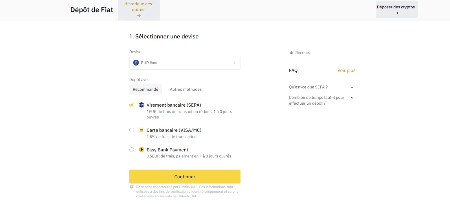 déposer de l’euro sur votre compte binance