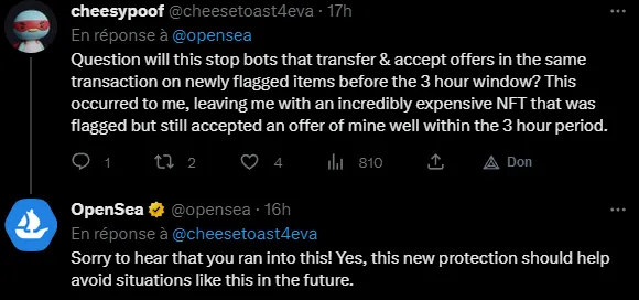 Un utilisateur a été victime de ce type de problème twitter opensea
