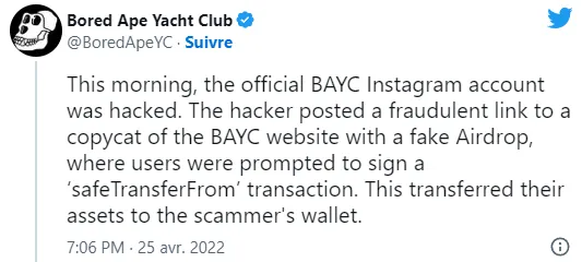 tweet de Bayc avril 2022 après attaque phishing