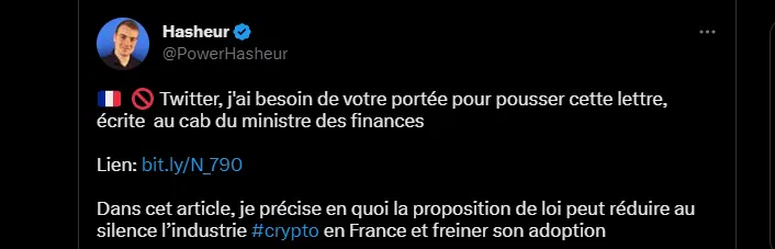 le tweet de hasheur pour protéger l’industrie crypto française