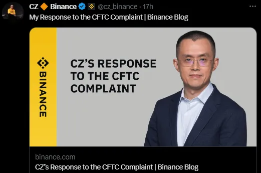 Réponse de CZ sur twitter