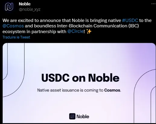 tweet Noble sur l'arrivée de l'USDC sur Cosmos