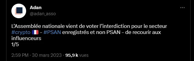 le tweet de l’asso adan sur la décision de l’assemblée nationale crypto