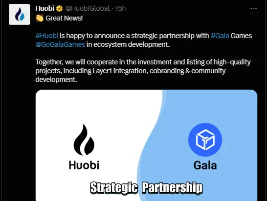 Partenariat Huobi Gala games tweet