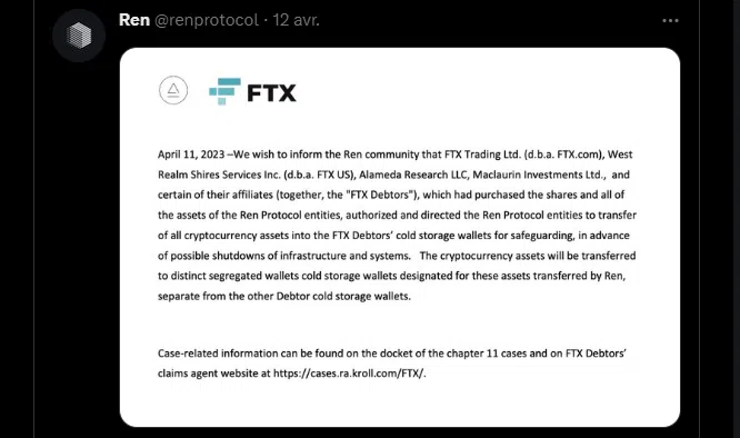 le tweet de ren protocol sur les fonds ftx