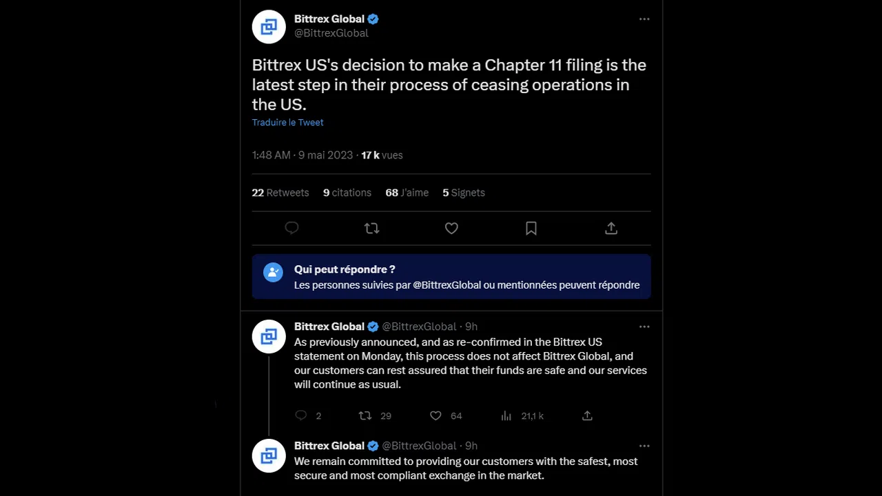 le tweet de bittrex sur sa faillite aux états-unis