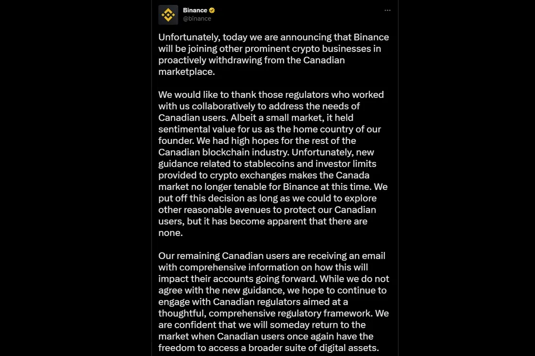 annonce binance twitter quitter le canada