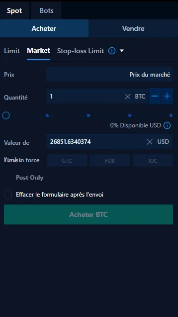 Ordre d'achet sur l'exchange crypto.com