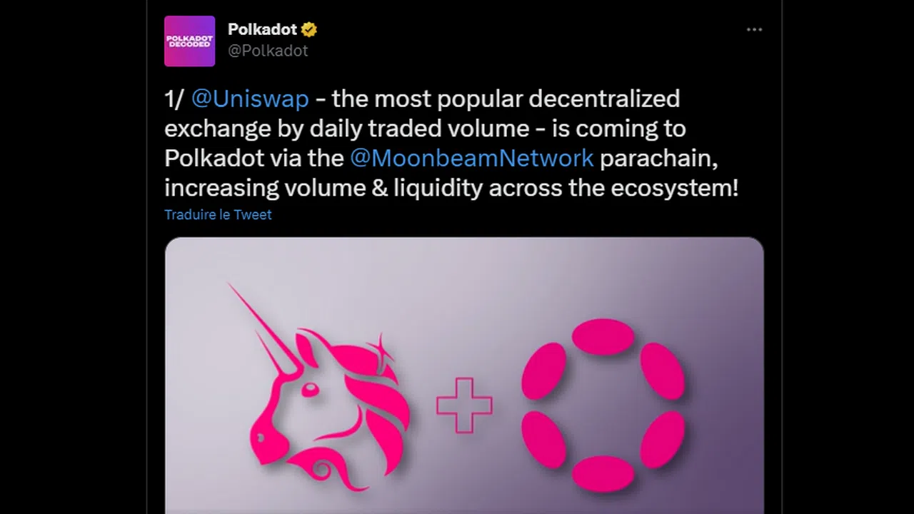 le tweet de polkadot pour annoncer l’arrivée de moonbeam sur uniswap
