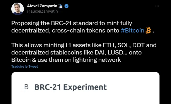 le tweet d’alexei zamyatin sur le standard brc-21 bitcoin