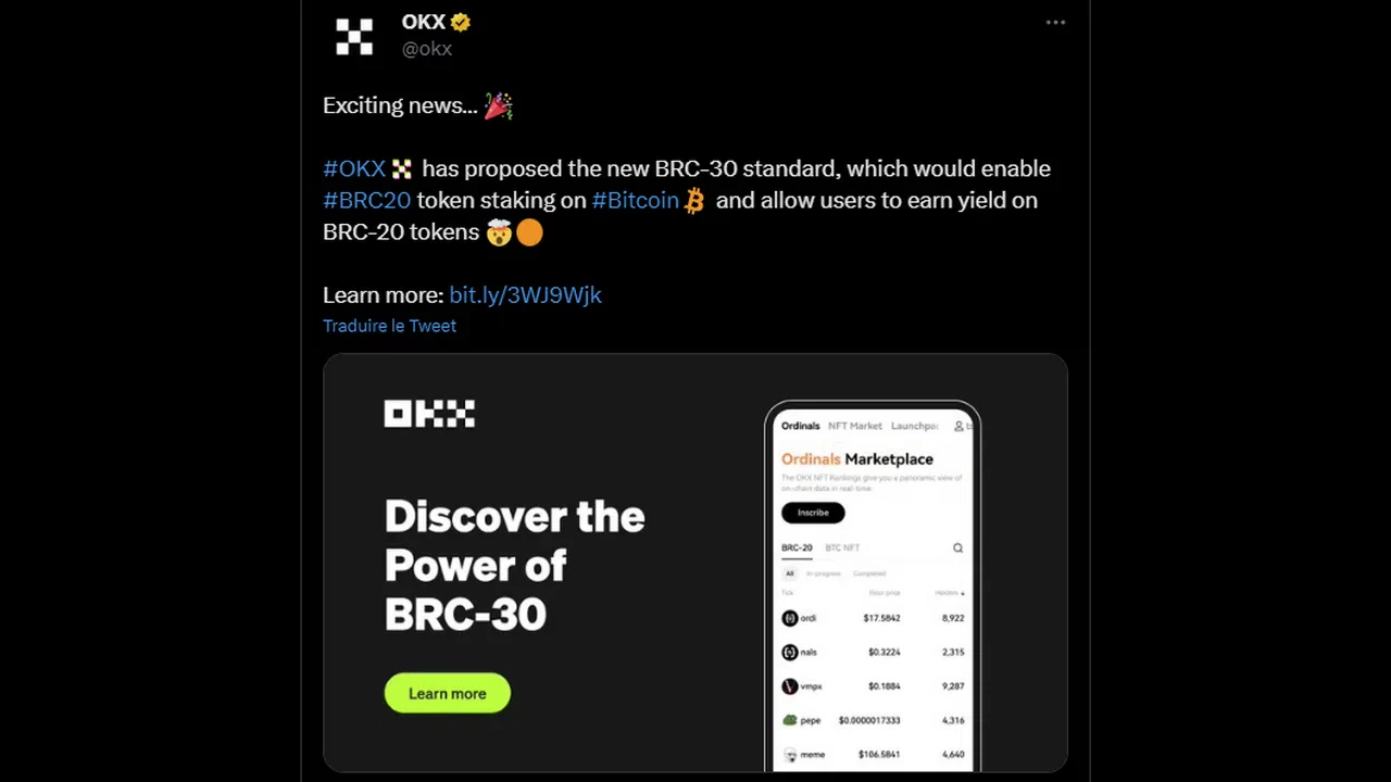 le tweet d’okx sur le développement du protocole brc-30