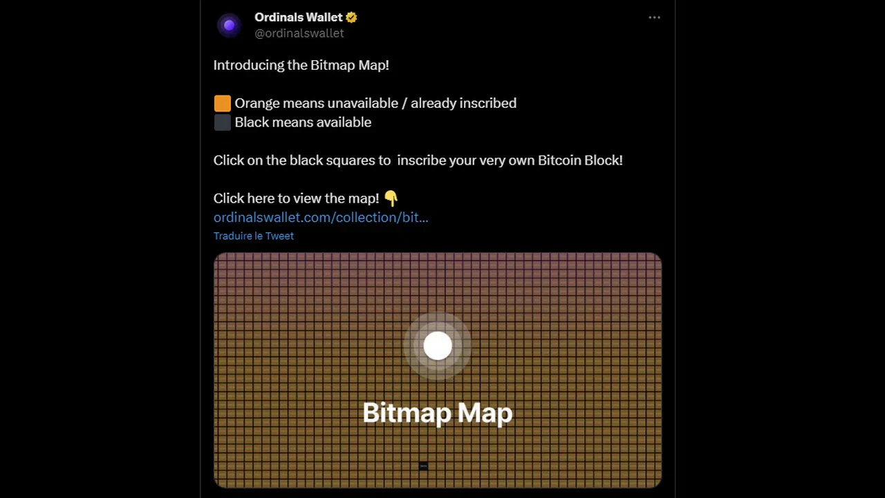 le tweet d’annonce d’ordinals wallet pour bitmap