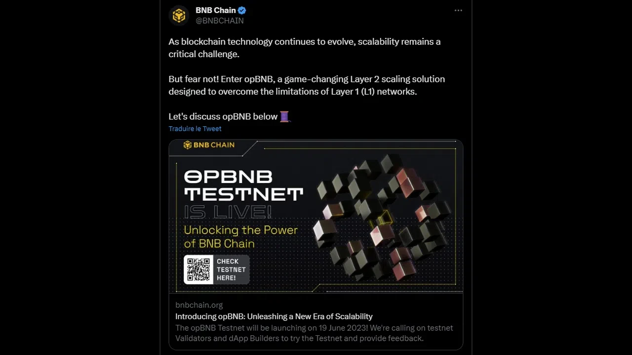 le tweet de l’annonce du testnet d’opbnb par la bnb chain binance
