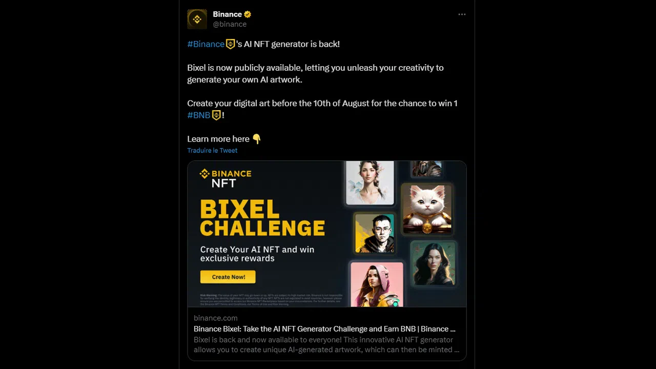 annonce de l’ouverture du bixel challenge et tweet de binance