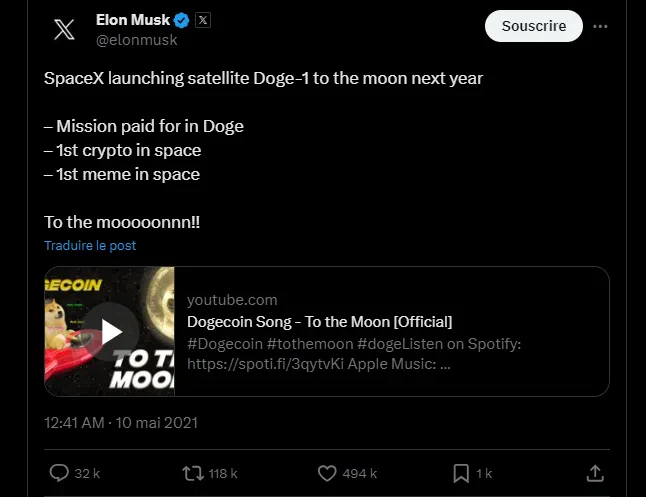 le tweet d’elon musk en 2021 sur le lancement de doge-1