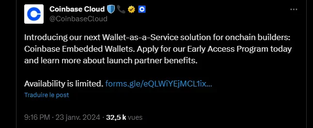 tweet de coinbase cloud sur l’annonce de wallet non custodial