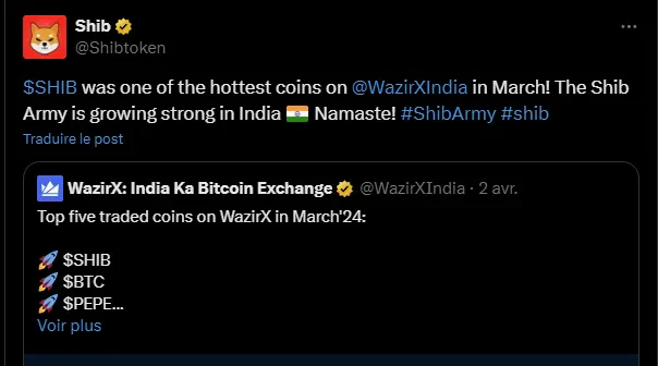 le tweet de shib sur wazirx en inde