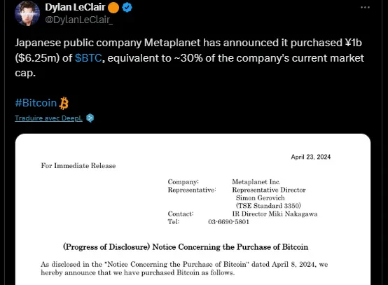 Metaplanet a fait une acquisition de 6,5 millions de dollars en Bitcoin