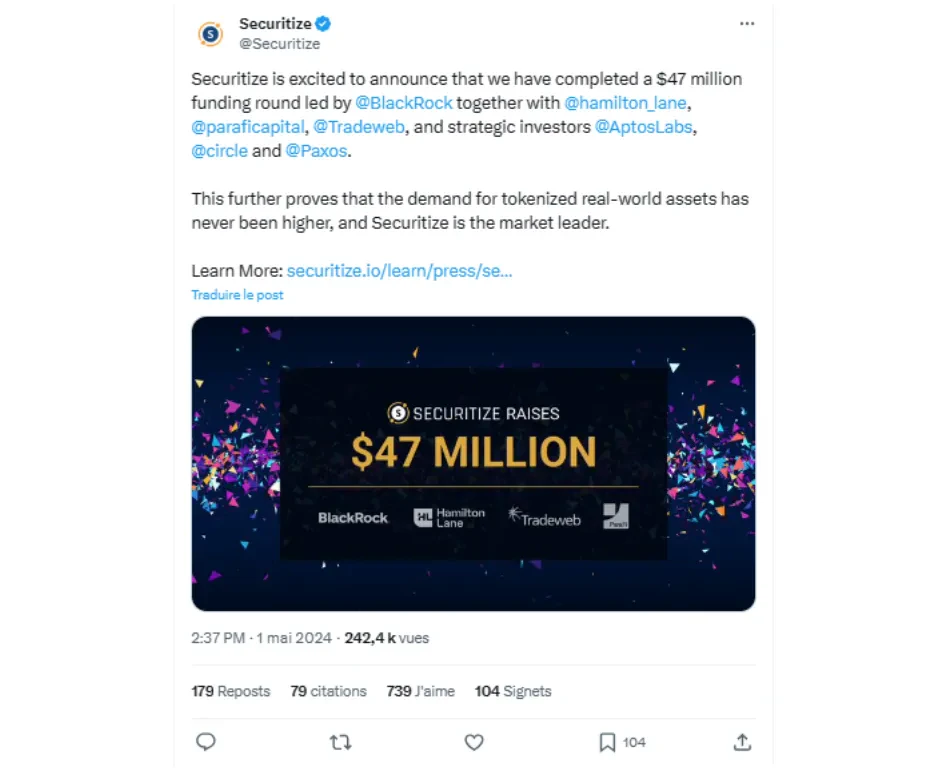 tweet securitize levée de fonds 47 millions de dollars