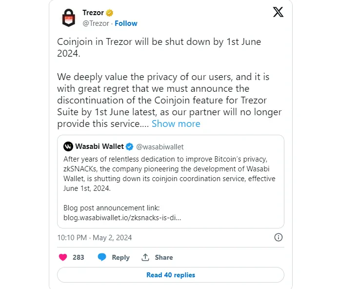 tweet trezor coinjon fonctionnalité régulation