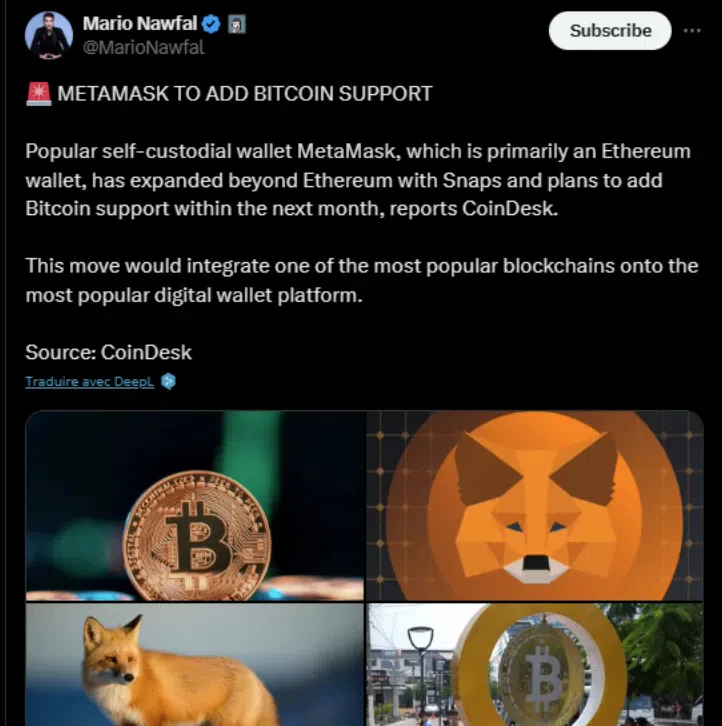 le tweet de mario metamask bitcoin