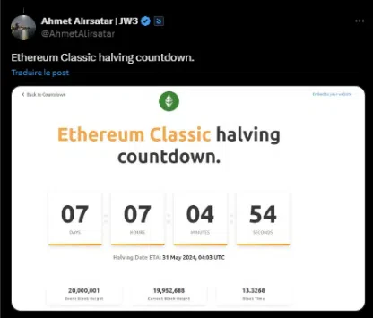 le tweet de ahmet sur le halving du ethereum classic