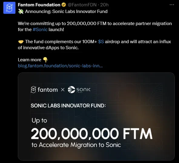 le tweet de fantom foundation sur sonic labs