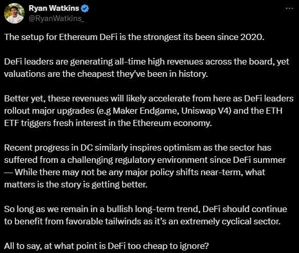 le tweet de ryan watkins sur la defi ethereum