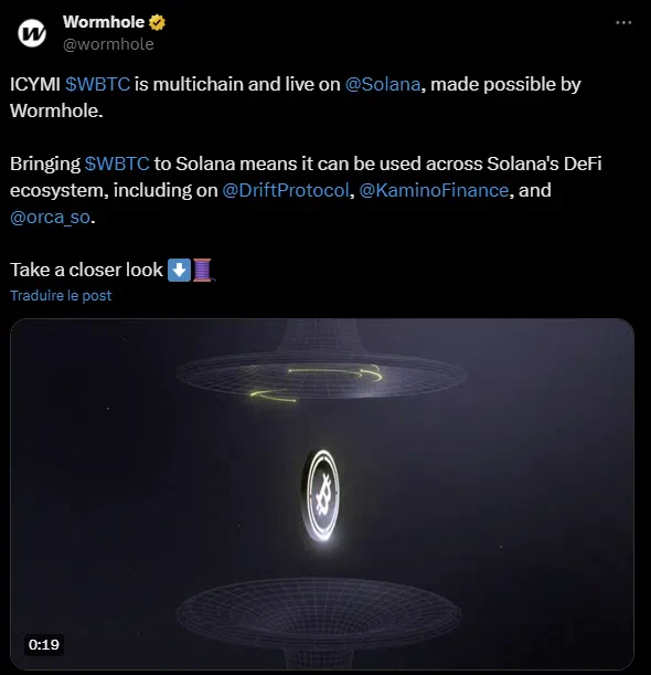 le tweet de wormhole sur l'arrivée du wbtc