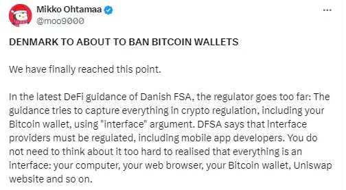 le tweet de mikko sur le danemark et les wallets bitcoin