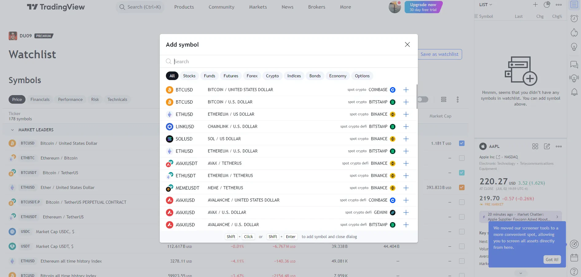 Établissez des listes de surveillance sur Tradingview