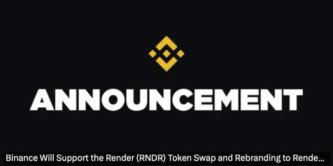 l'annonce de binance sur son blog pour render