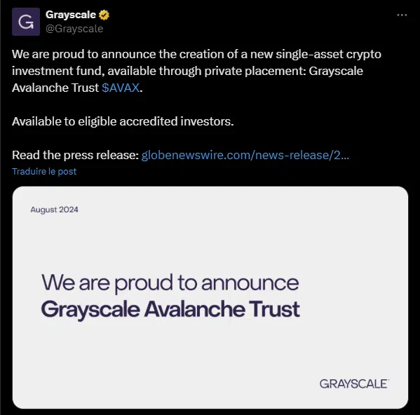 le tweet de grayscale sur avax