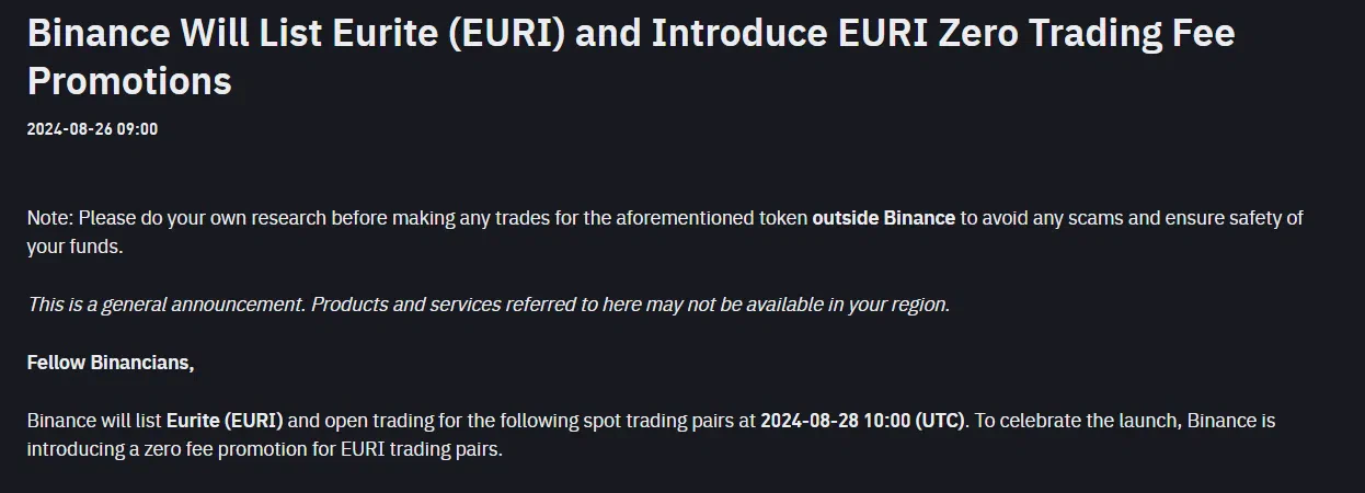 annonce de binance pour le listing de l'euri