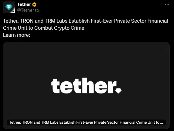 collaboration tether tron et trm labs tweet