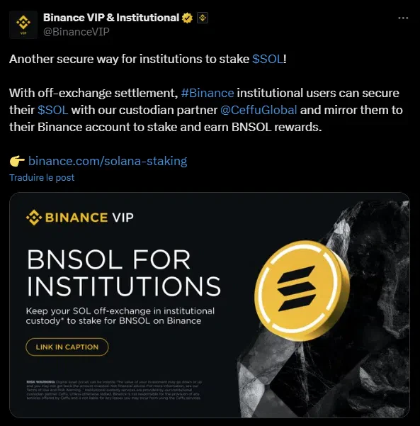 le tweet de binance vip et institutionnel