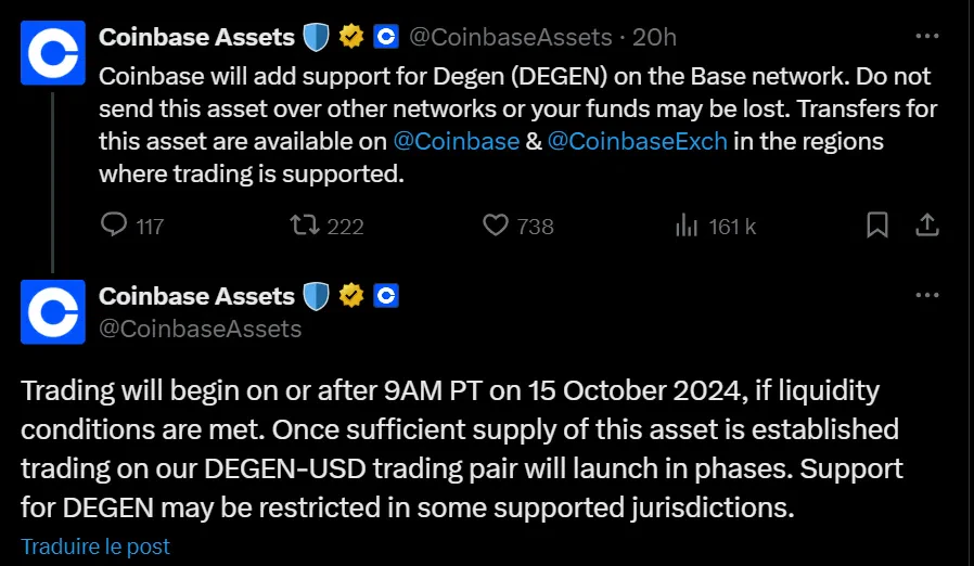 le tweet de coinbase