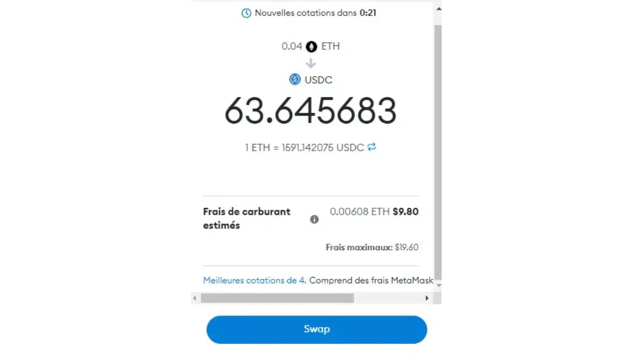 swap d'eth en usdc sur metamask