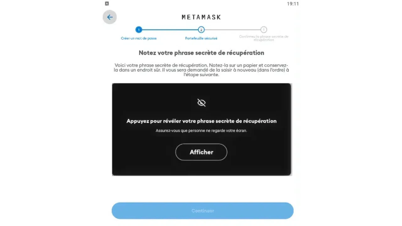 noter la phrase de récupération de metamask sur un papier