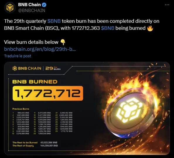 le tweet de bnb chain sur le burn