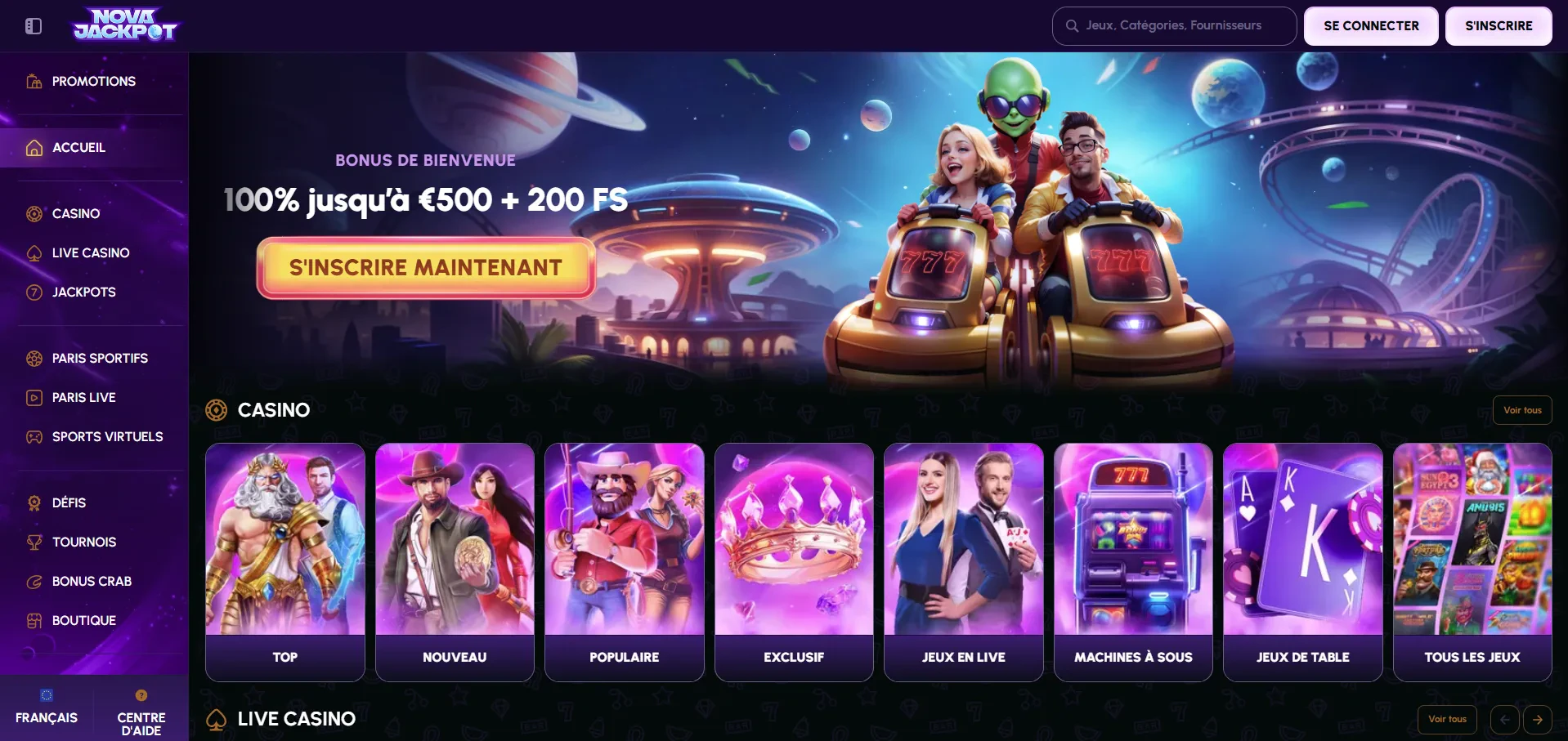 page d'accueil de nova jackpot