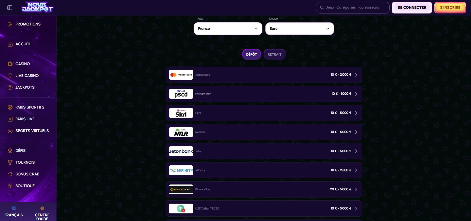 différentes méthodes de paiements sur nova jackpot