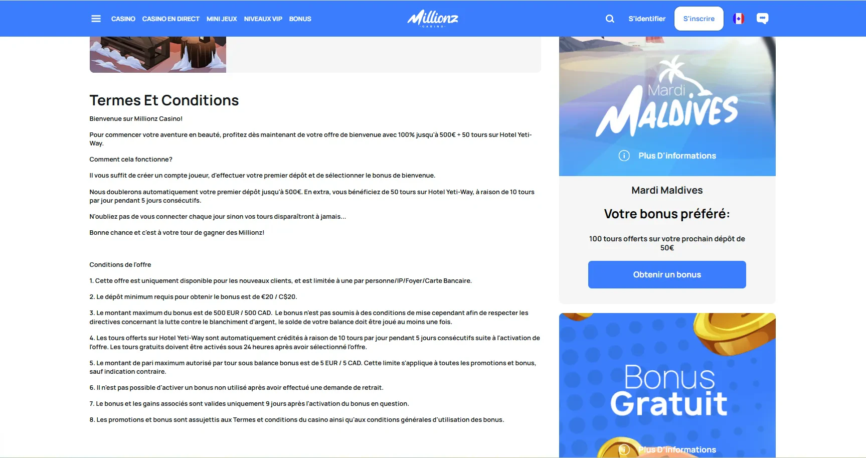 condition du bonus de bienvenue sur millionz