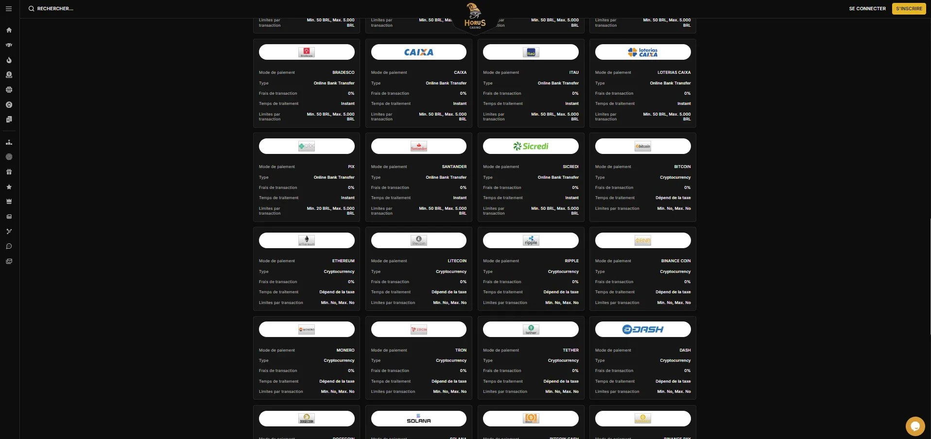moyens de paiement sur horus casino