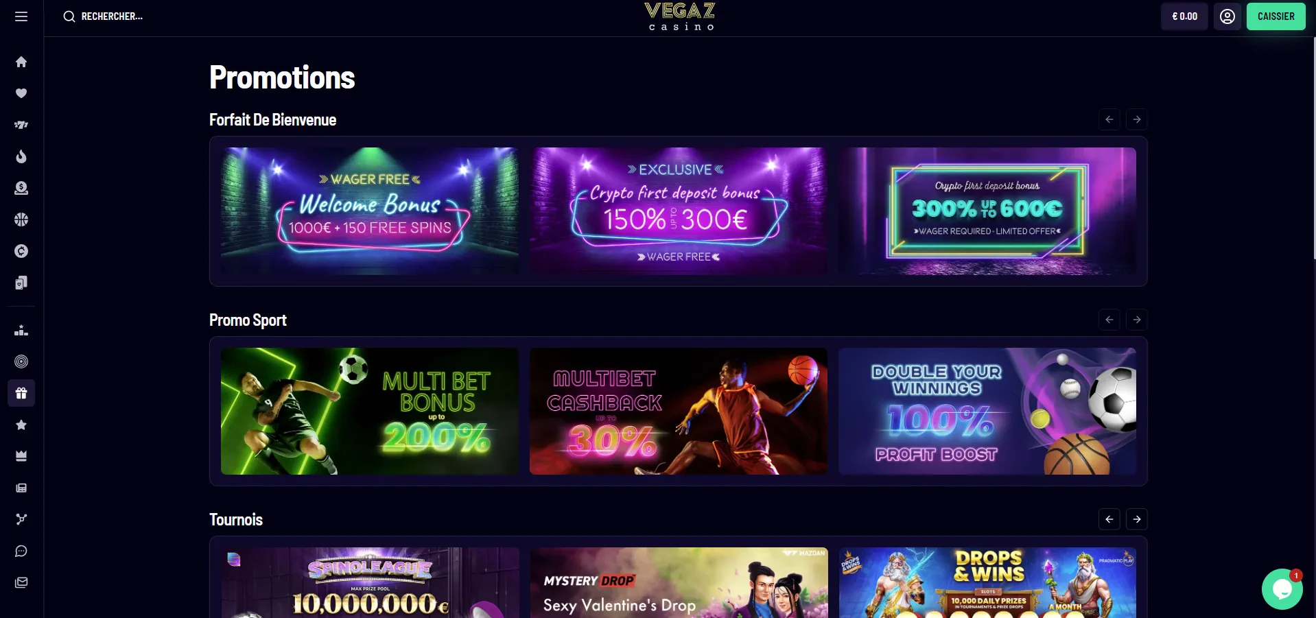 page des promotions sur vegaz casino